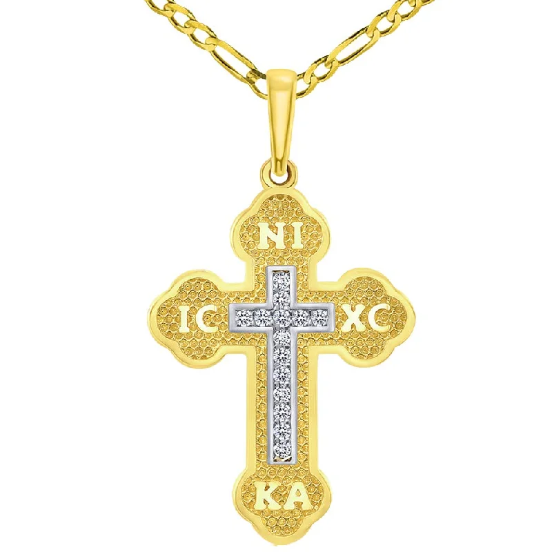 women long necklaces -14k Yellow Gold Cubic-Zirconia Eastern Orthodox IC XC NI KA Cross Inlay Pendant with Figaro Chain Necklace