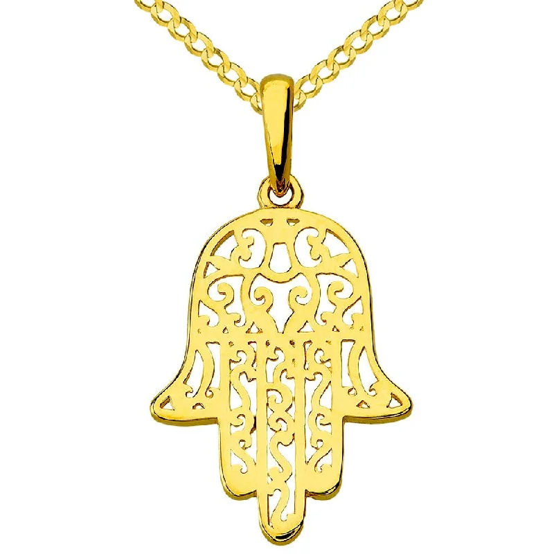 women charm necklaces -14k Yellow Gold Filigree Hamsa Hand of Fatima Charm Pendant with Cuban Chain Necklace