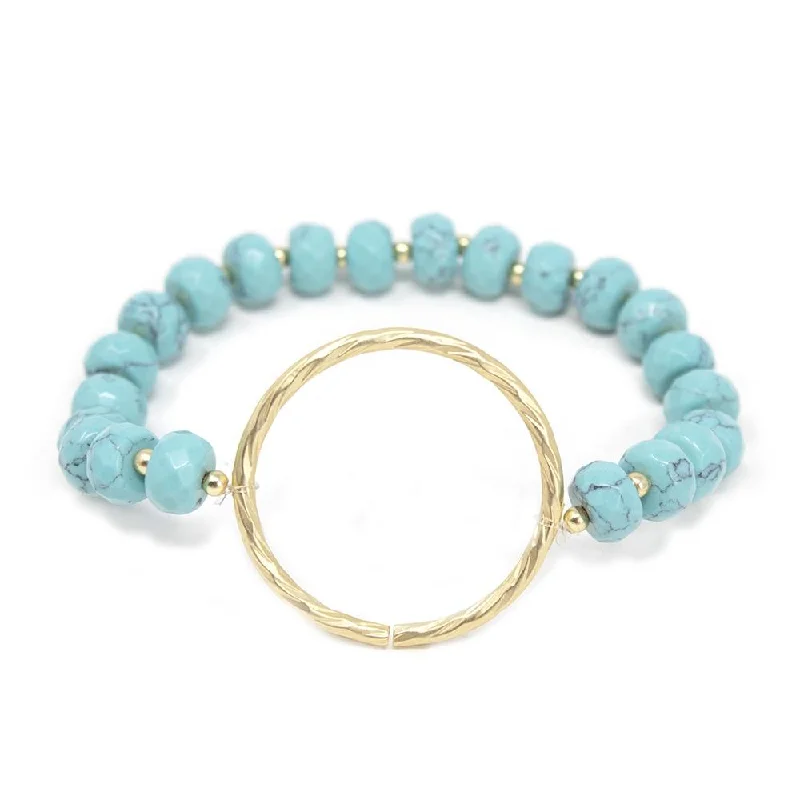 women braided bracelets -Turquoise Semi Precious Beaded Bracelet W Brushed Ring Gold T