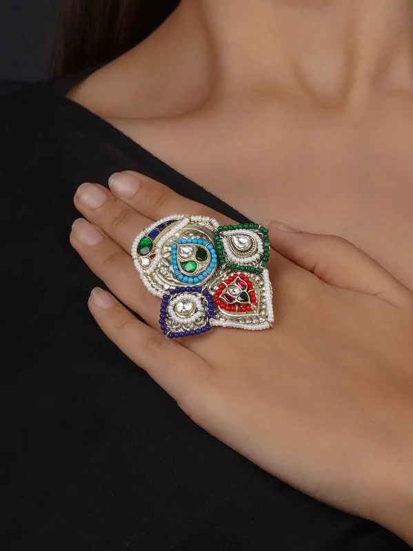 women cubic zirconia rings -Multicolor Silver Plated Tribal Ring - EK-SFRNG156MB