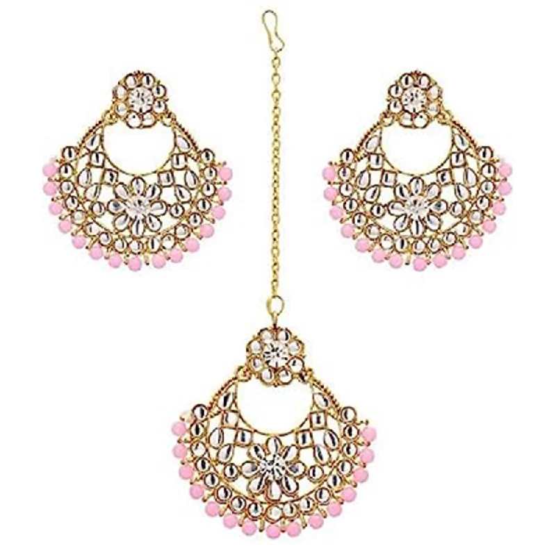 women chic hoop earrings -Subhag Alankar Light Pink Alloy Jewel Set with Maangtikka