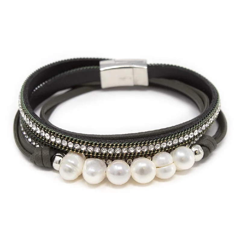 women leather bangles -Bracelet Multi Strand Leather Bead Four Pearl Black