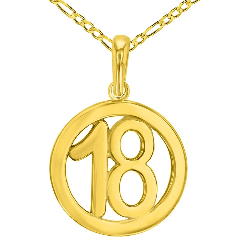 women custom engraved gold necklaces -Solid 14K Yellow Gold Round Number Eighteen Charm Pendant with Figaro Chain Necklace