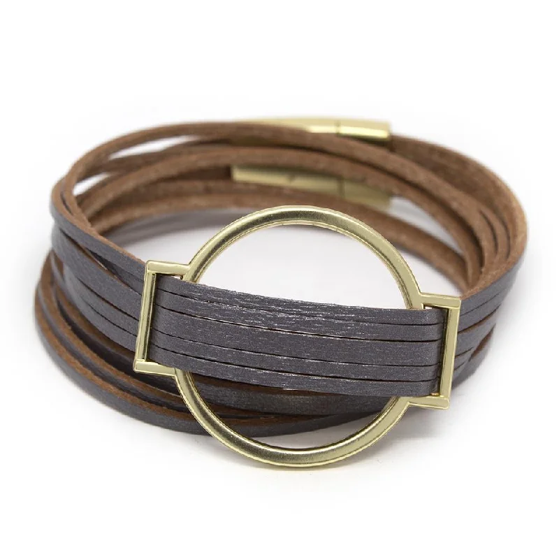 women classic bangles -Five String Leather Wrap Bracelet with Gold Accent Grey