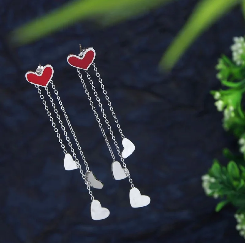 women personalized earrings -Tarohi Jewels Stainless Steel Silver Plated Heart Shaped Chain Earring- STNER 2742