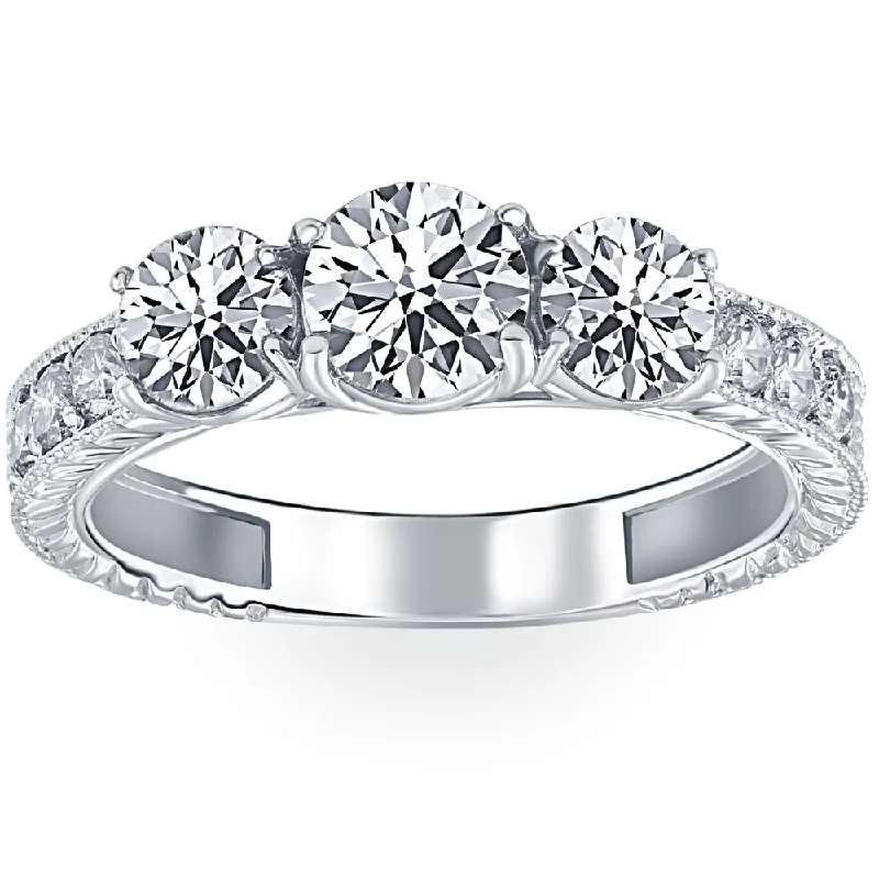 women elegant engagement rings -1 3/4ct Vintage Three Stone Round Diamond Engagement Ring 14K White Gold