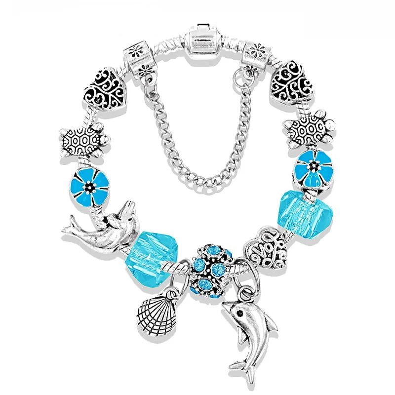 women wedding bangles -Ocean Style Blue Murano Charm Sea Turtle Dolphin Bracelet