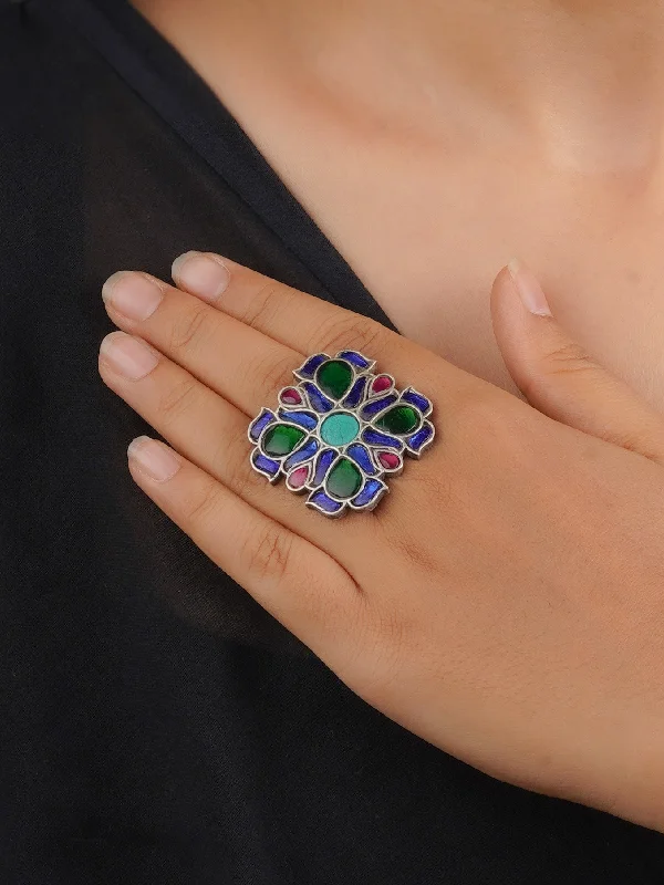 women sapphire rings for women -Multicolor Silver Plated Tribal Ring - EK-SFRNG122MB