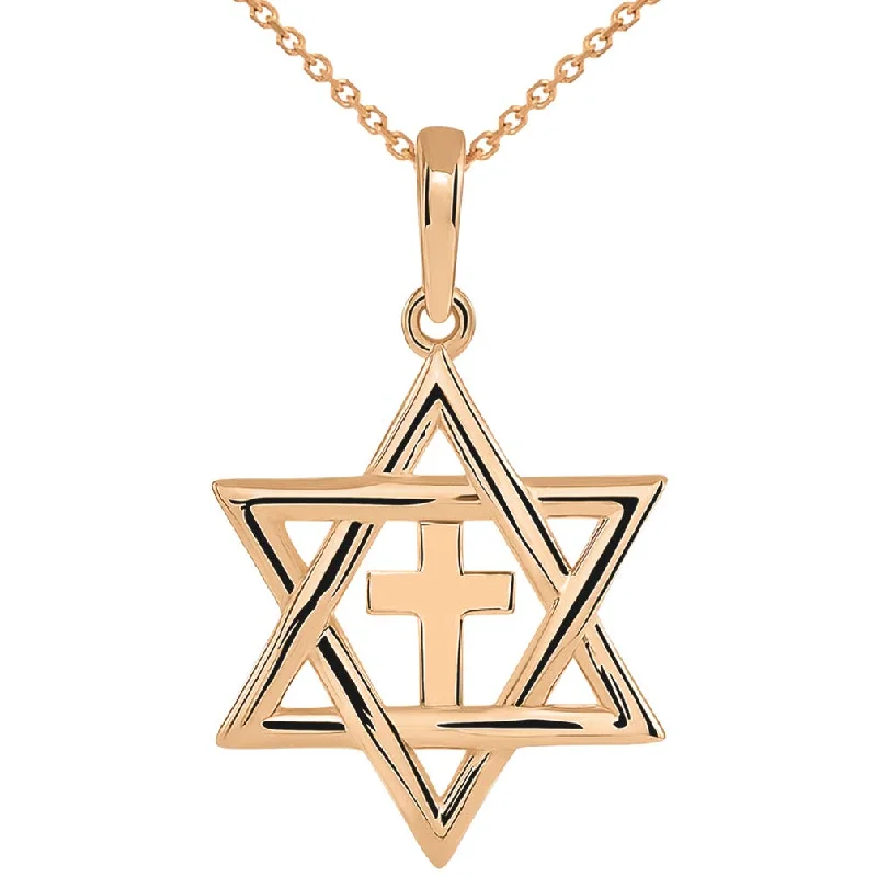 women twisted chain necklaces -14k Rose Gold Jewish Star of David with Beautiful Religious Cross Judeo Christian Pendant Necklace