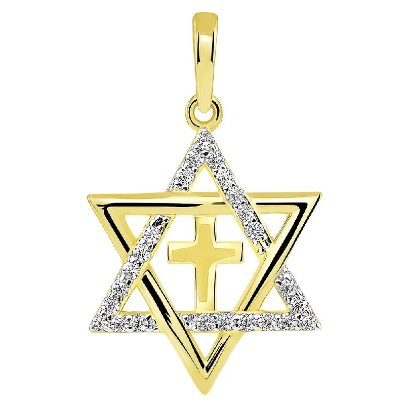 women heart necklaces -14k Yellow Gold CZ Star of David with Religious Cross Judeo Christian Pendant (Small)