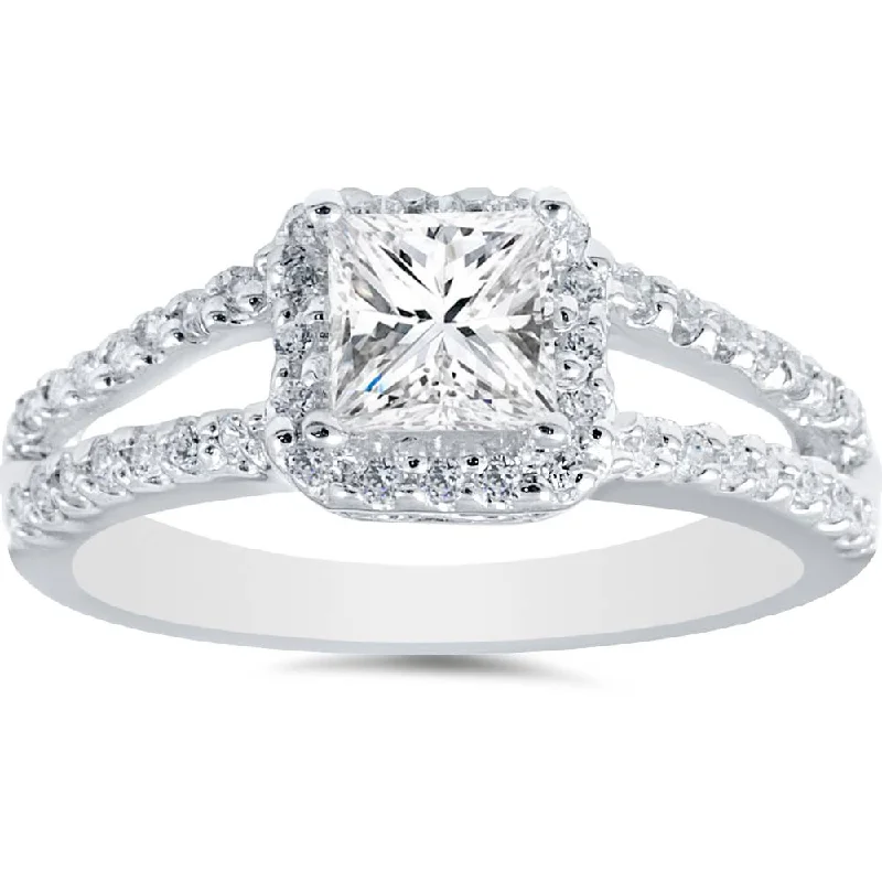 women men’s engagement rings -1ct Halo Split Shank Princess Cut Vintage Diamond Engagement Ring 14K White Gold