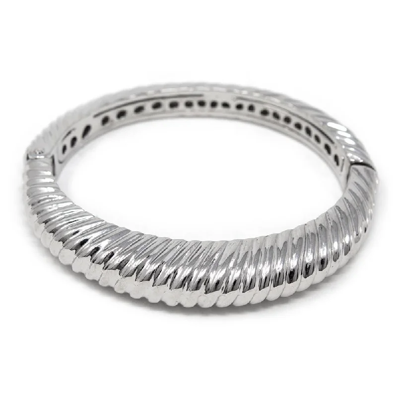 women statement bangles -Ribbed Band Hinged Bracelet Silver Tone