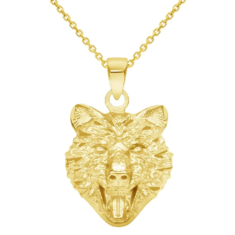 women layered necklaces -14k Yellow Gold Mini Wolf Head Charm Animal Pendant Necklace