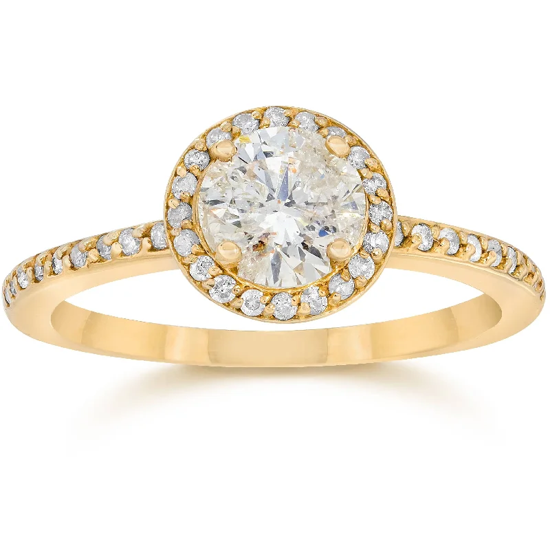 women platinum solitaire engagement rings -7/8 Carat Diamond Halo Engagement Ring 14K Yellow Gold