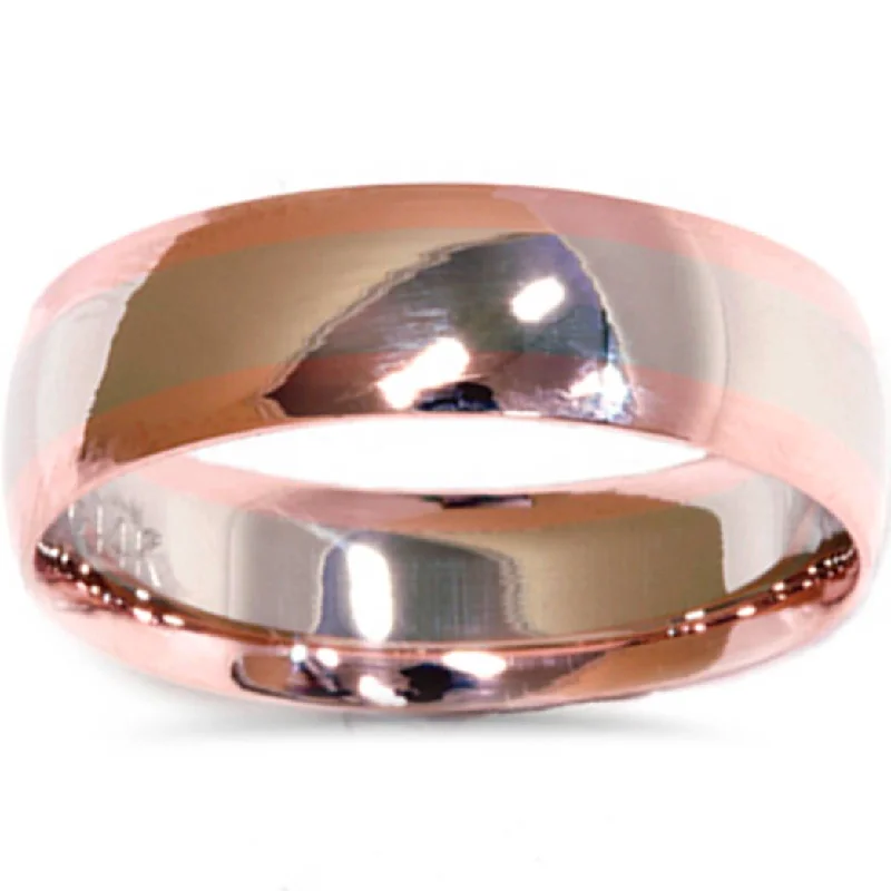 women engagement rings with side stones -White & Rose Gold Plain High Polished Wedding Band 14K