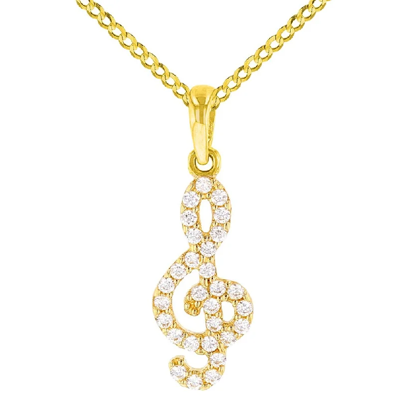 women pearl necklaces -14K Yellow Gold CZ-Studded Dainty Musical Note Charm Pendant with Cuban Necklace