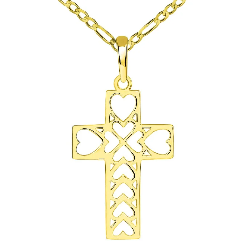 women emerald necklaces -14k Yellow Gold Open Heart Christian Cross Pendant with Figaro Necklace