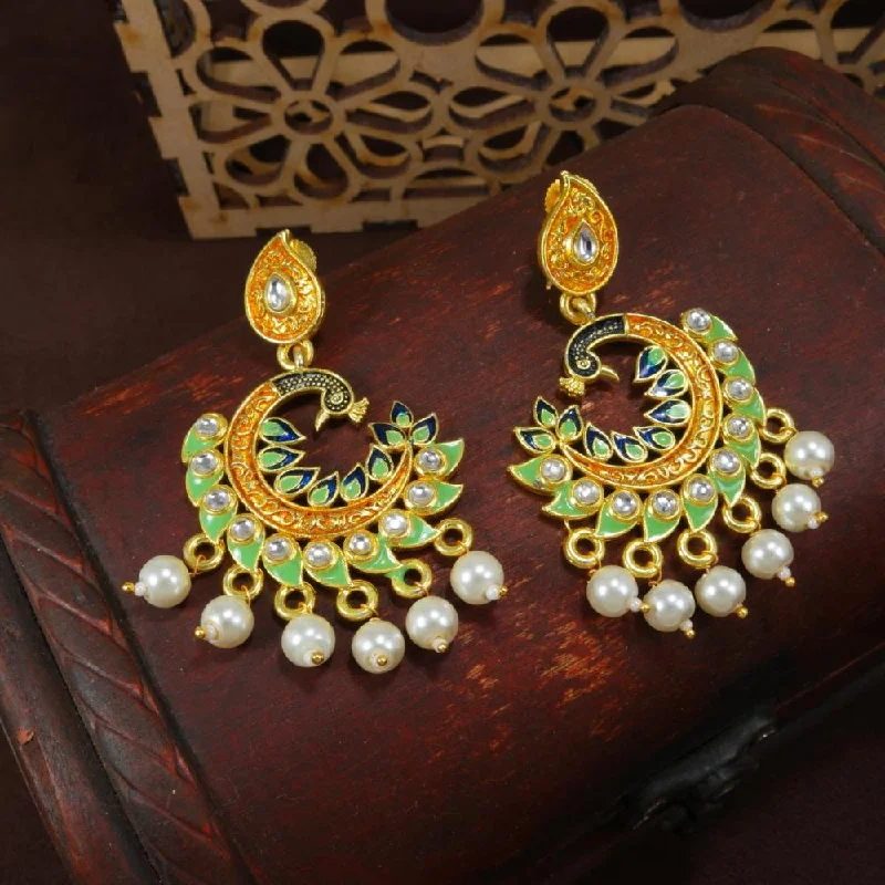 women statement earrings -Etnico Gold Plated Meenakari Kundan Studded Peacock Design Dangle Earrings For Women (E2919Min)