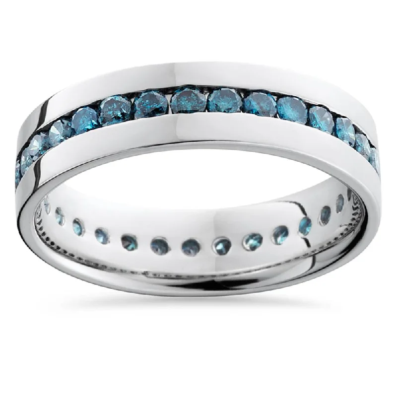 women engagement rings with side stones -1 1/5ct Blue Diamond Channel Set Eternity Ring 14K White Gold Comfort Fit