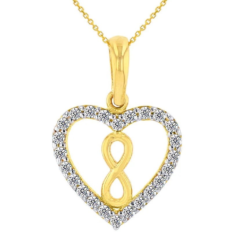 women vintage necklaces -Solid 14k Yellow Gold CZ Heart wit Vertical Infinity Symbol Pendant Necklace