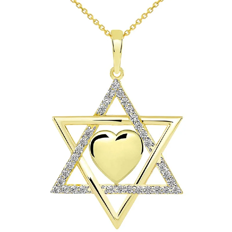 women oversized necklaces -14k Yellow Gold Jewish Love CZ Star of David with Heart Pendant Necklace