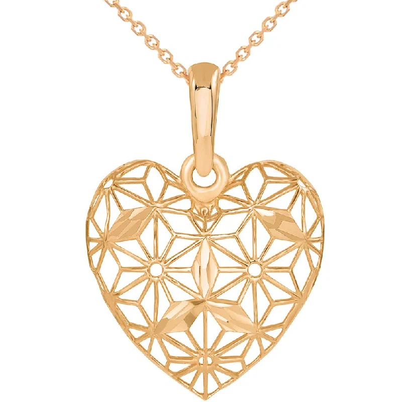 women custom charm necklaces -14k Rose Gold Textured 3D Filigree Heart Charm Pendant Necklace