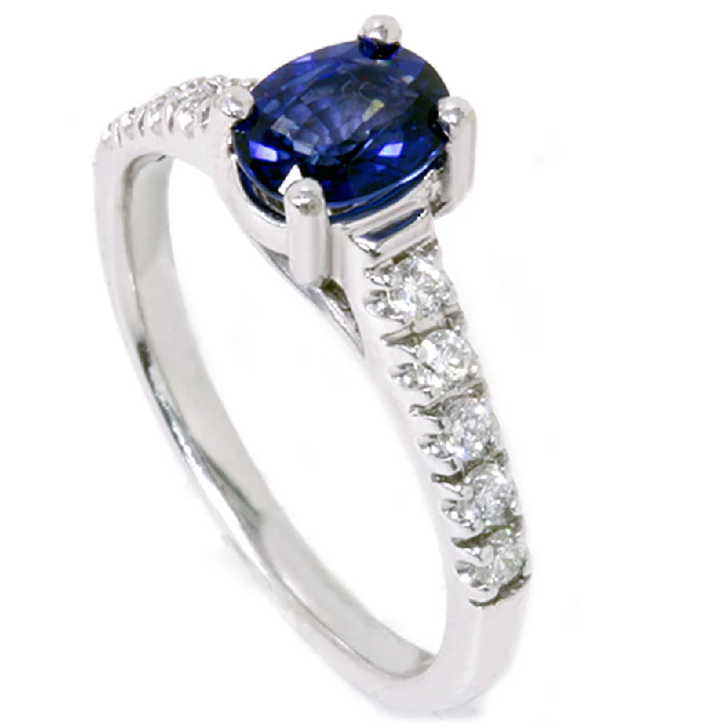 women stackable wedding engagement rings -7/8ct Blue Sapphire Accent Diamond Ring 14K White Gold