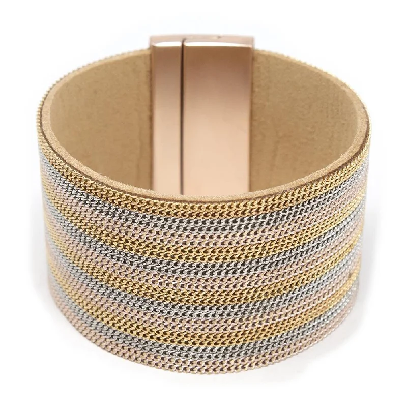 women bangles -Chain Leather Wide Bracelet Three Tone