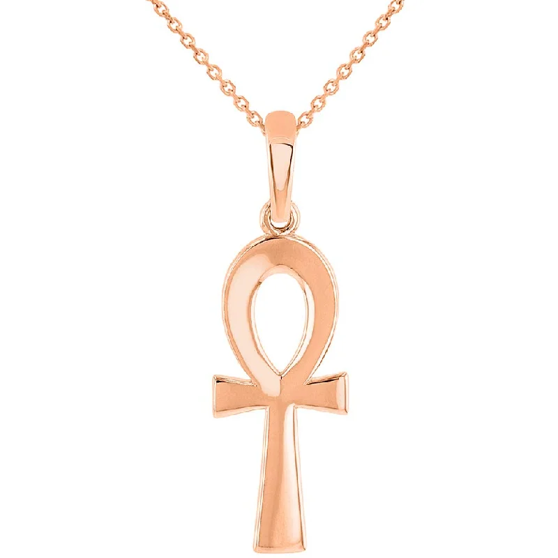 women choker necklaces -Solid 14k Rose Gold Plain and Simple Egyptian Ankh Cross Pendant with Chain Necklace