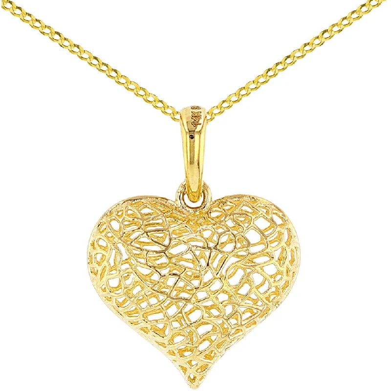 women engagement necklaces -Textured 14K Yellow Gold Puffed Filigree Heart Charm Pendant with Cuban Chain Necklace