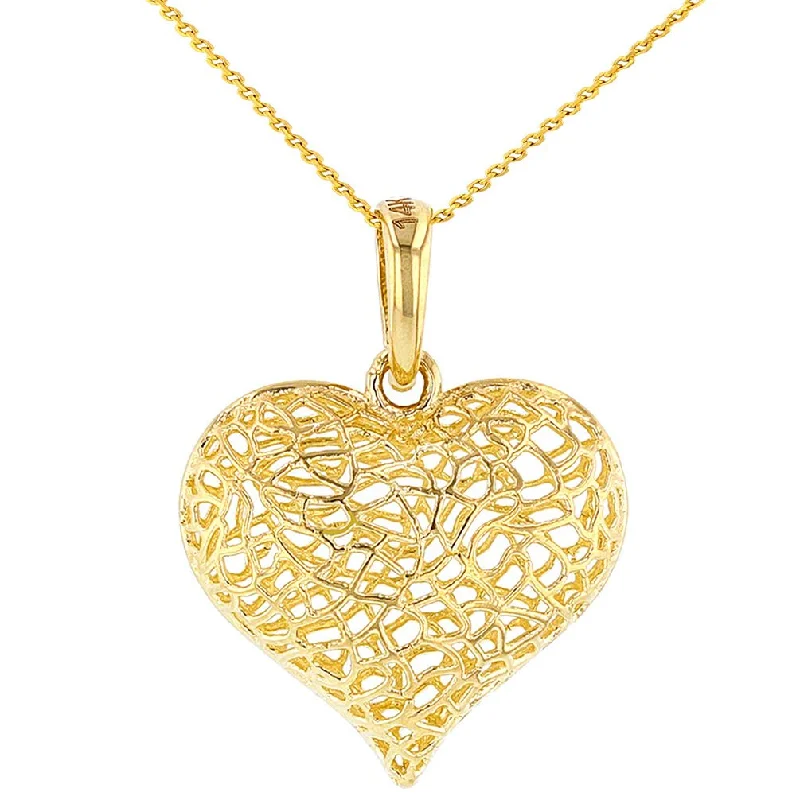 women engraved gold necklaces -Textured 14K Yellow Gold Puffed Filigree Heart Pendant Necklace