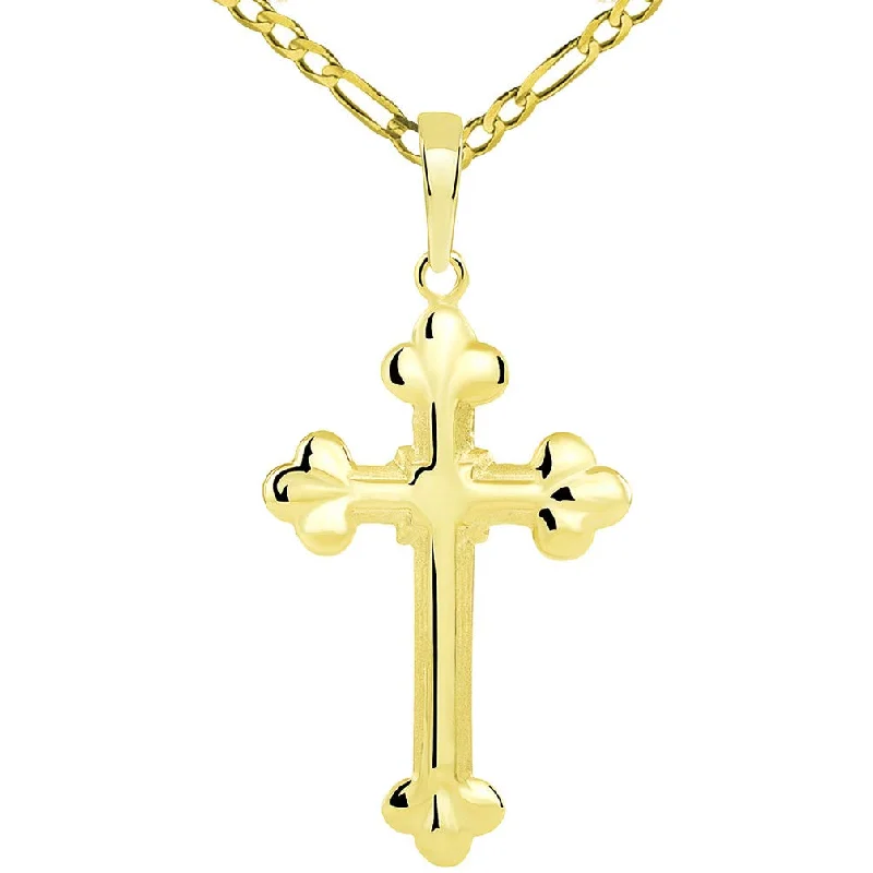 women oversized necklaces -Solid 14k Yellow Gold Traditional Botonee-Style Eastern Orthodox Cross Pendant with Figaro Necklace