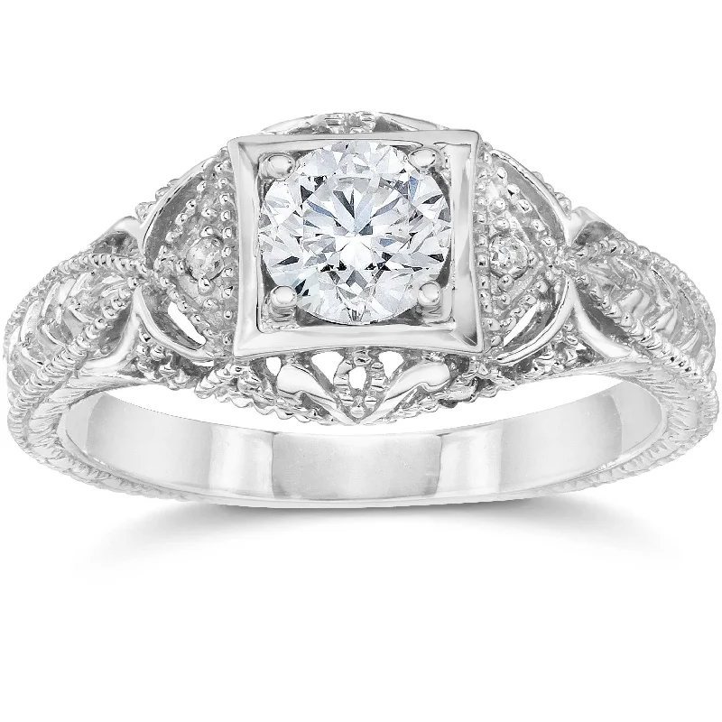 women fancy engagement rings -Emery 5/8Ct Vintage Diamond Antique Engagement 14K White Gold