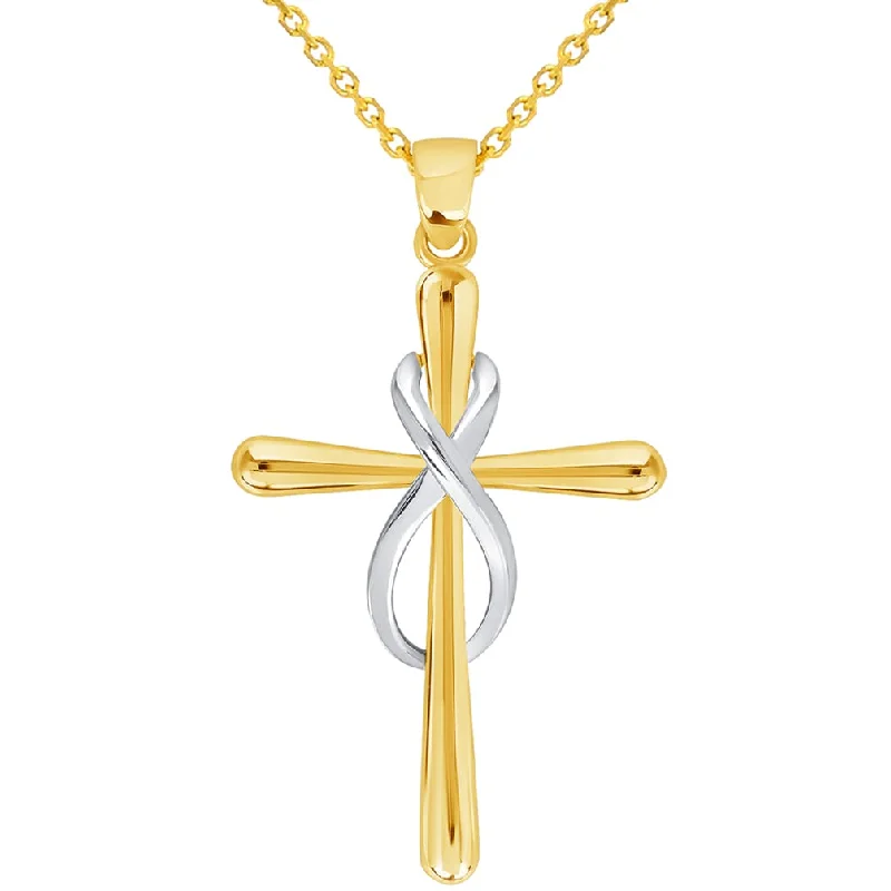 women geometric necklaces -14k Yellow Gold Vertical Infinity Eternity Religious Cross Pendant with Cable, Curb, or Figaro Chain Necklaces