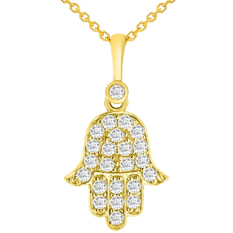 women luxury silver necklaces -14k Yellow Gold Cubic Zirconia Mini Hamsa Hand of Fatima Charm Pendant Necklace