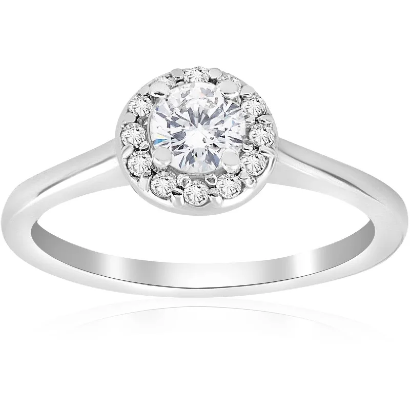 women heart-shaped engagement rings -1/2ct Round Diamond Halo Engagement Ring 14K White Gold