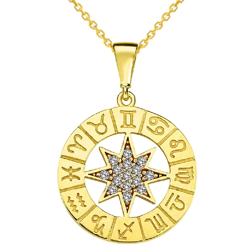 women charm necklaces -14k Yellow Gold Cubic-Zirconia Round Zodiac Compass Calendar Pendant Necklace