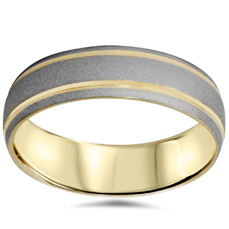 women engagement rings -Mens 6mm 14K Gold Two Tone Brushed Wedding Band