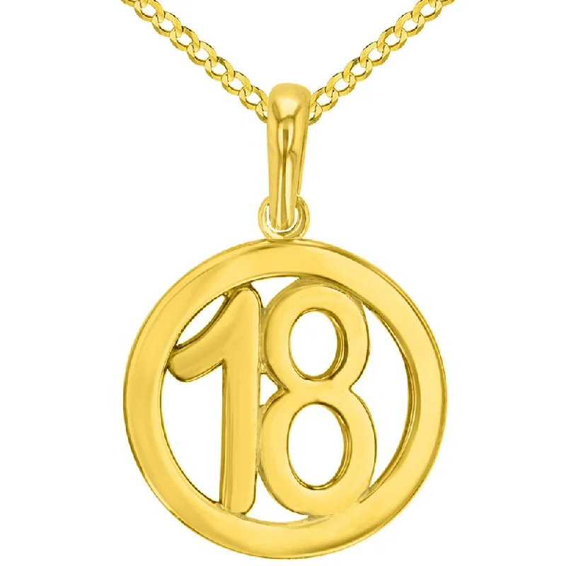 women custom charm necklaces -Solid 14K Yellow Gold Round Number Eighteen Charm Pendant with Cuban Chain Necklace