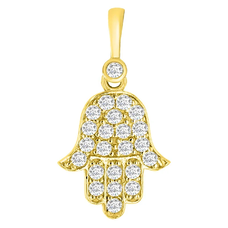 women gemstone drop pendant necklaces -14k Yellow Gold Mini Hamsa Hand of Fatima Charm Pendant with Cubic Zirconia