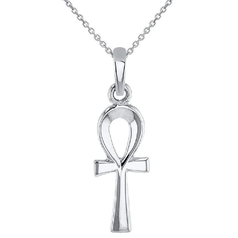 women heart-shaped necklaces -Solid 14k White Gold Dainty Egyptian Ankh Cross Charm Pendant with Chain Necklace