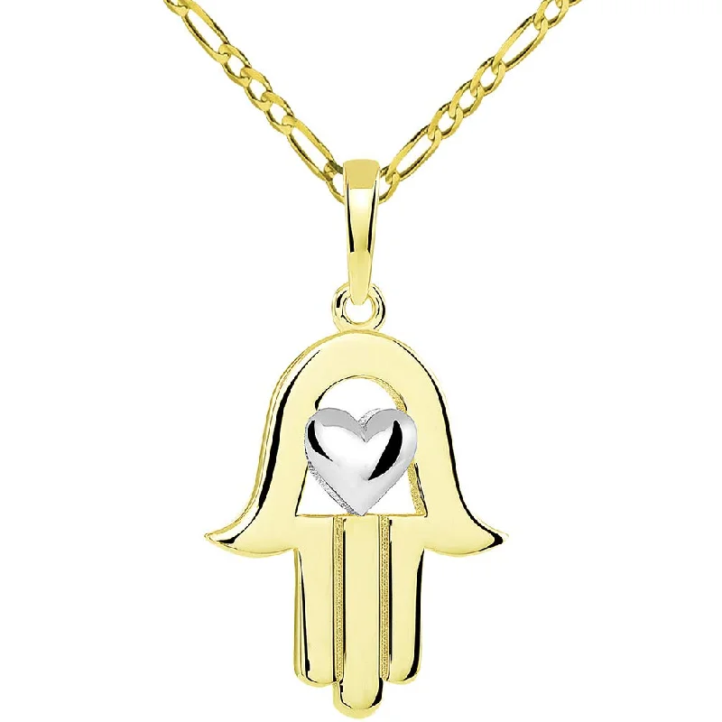 women lock necklaces -14k Yellow Gold Two-Tone Hamsa Hand of Fatima with Heart Pendant Figaro Necklace