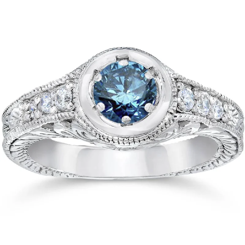 women modern engagement rings -5/8ct Art Deco Treated Blue Diamond Vintage Engagement Ring 14K White Gold