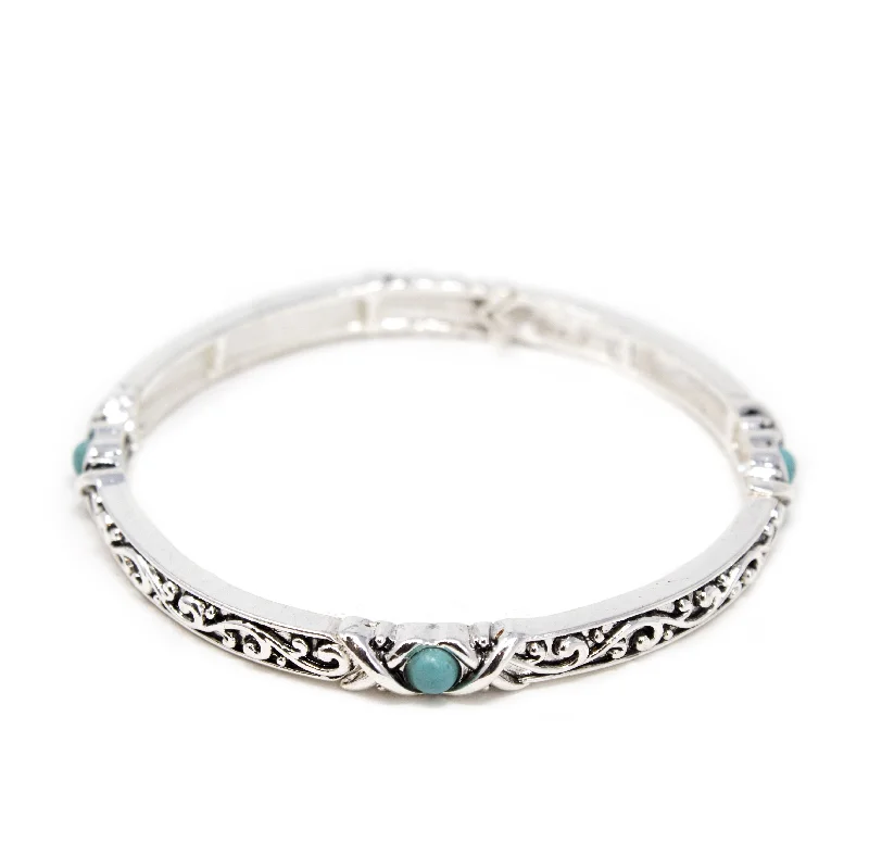 women romantic bangles -Antique Silver Stretch Bracelet XTurquoiseX Stones