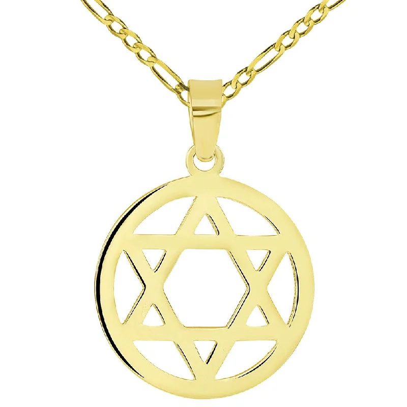 women fancy necklaces -14k Yellow Gold Shield of David Round Jewish Star Pendant with Figaro Necklace