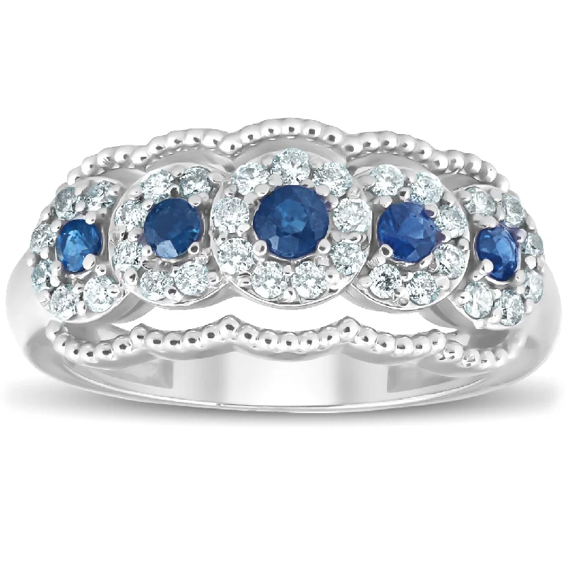 women halo engagement rings -1ct Blue Sapphire & Diamond Vintage Anniversary Ring 14K White Gold