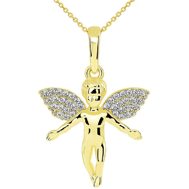 women infinity pendant necklaces -14k Yellow Gold Flying Guardian Angel with Micro Pave CZ Wings Pendant Necklace