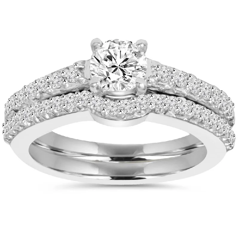 women square cut engagement rings -1ct Pave Diamond Engagement Wedding Matching Ring Set 14K White Gold Round Cut