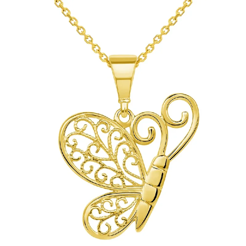 women crystal pendant necklaces -14k Yellow Gold Filigree Wing Flying Butterfly Pendant Necklace