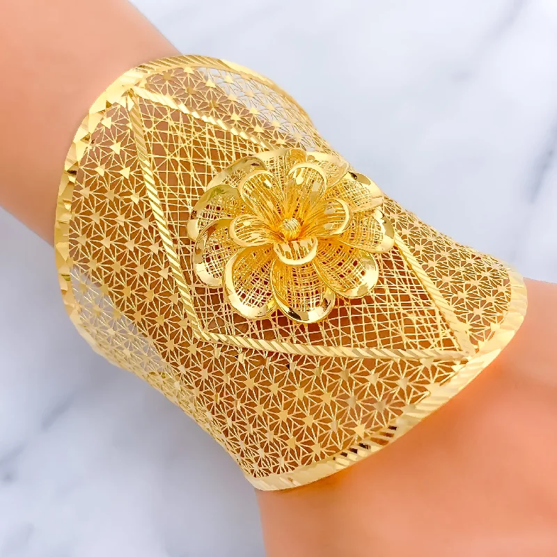 women crystal bangles -Captivating Regal 3D Flower 21K Gold Bangle Bracelet